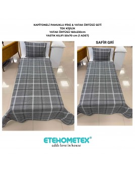 ETEHOMETEX Pamuklu Kapitoneli Yatak Örtüsü Seti TEK KİŞİLİK SAFİR GRİ 8696474232104